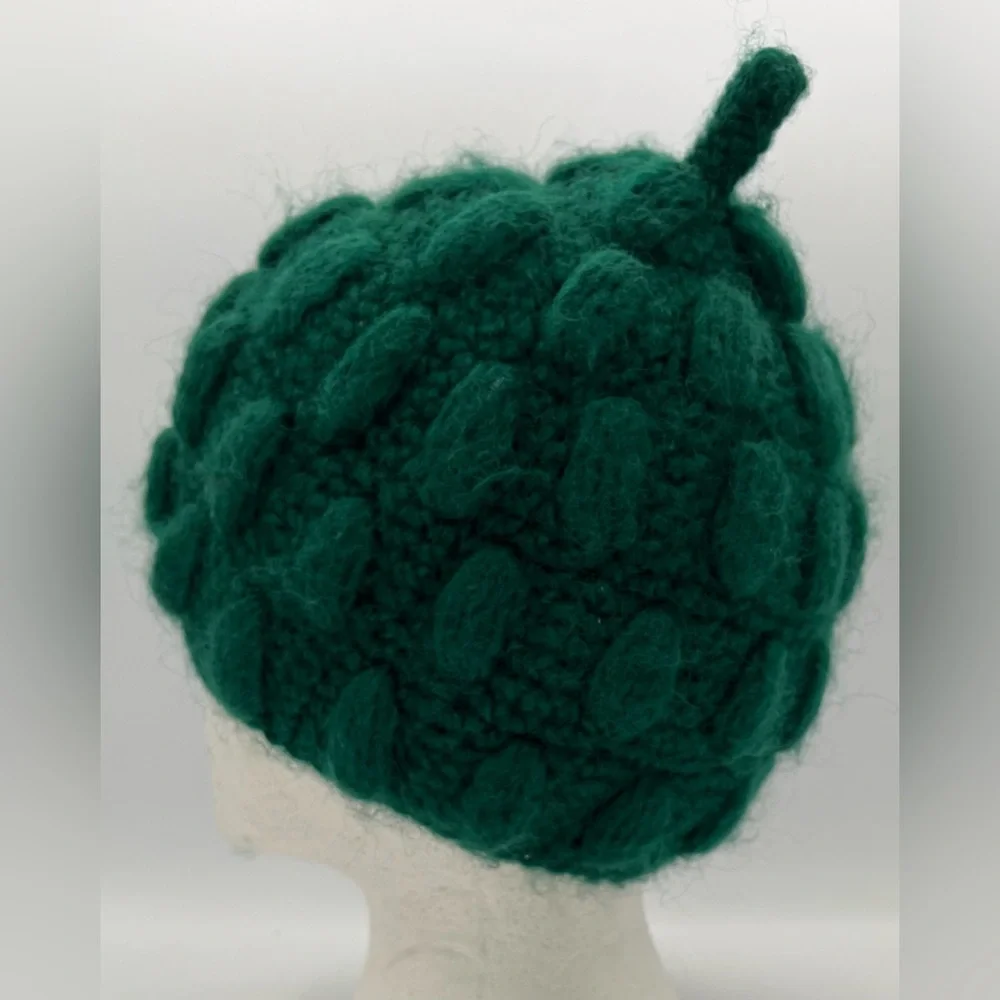 Vintage Italian Wool Green Chunky Knit Winter Fall Beanie Hat Cottagecore Knobby - Picture 8 of 15